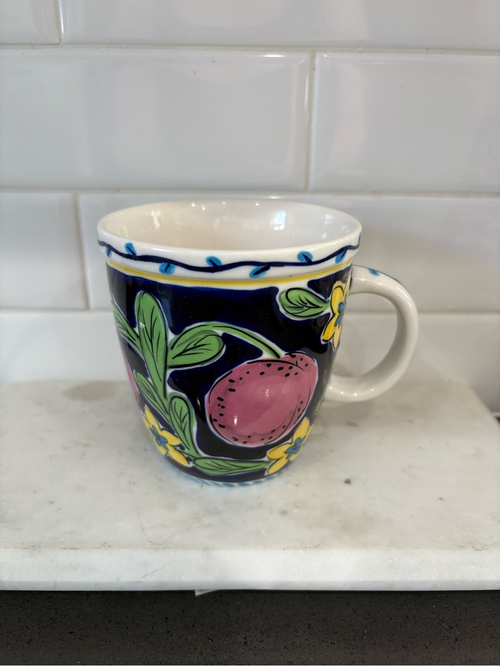 Vintage Starbucks Barista Blue Fruit Ceramic Mug - White Interior